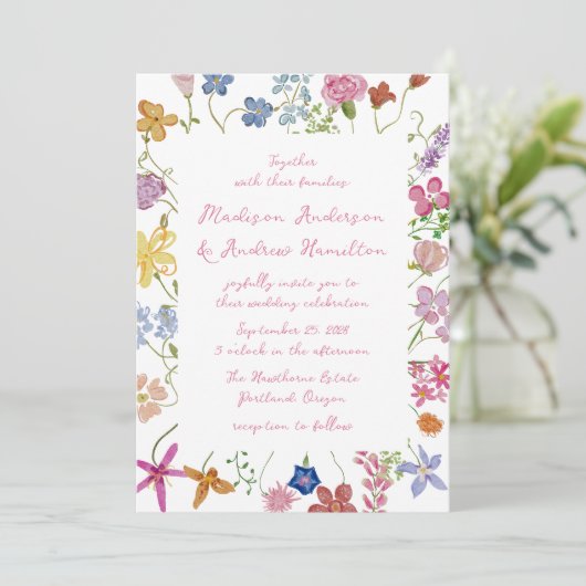 Whimsische Garten-Wildblumen-Hochzeit Einladung (Stehend Vorderseite)