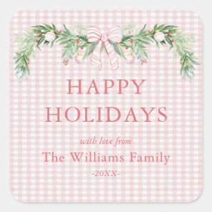 Whimsische Grandmillenial-Gingham-Rosaband-Girland Quadratischer Aufkleber
