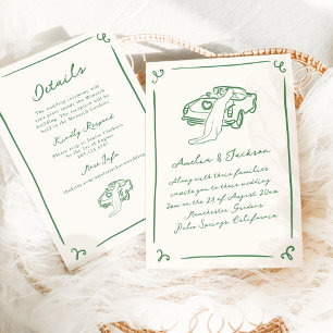 Whimsische handgezeichnete grüne Hochzeit + Detail Einladung