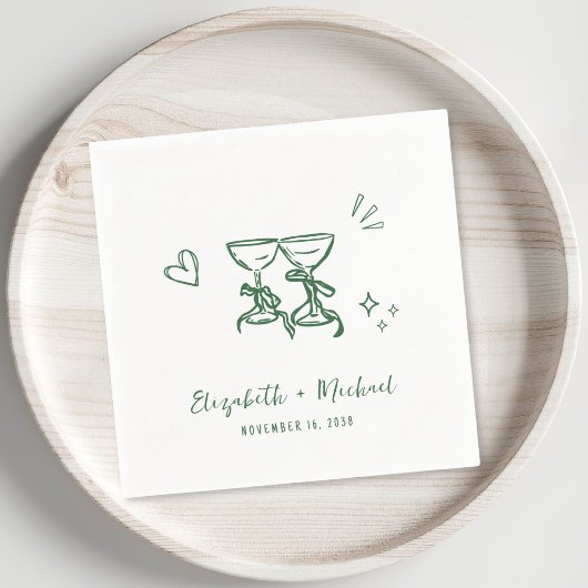 Whimsische handgezeichnete grüne Weingläser Hochze Serviette