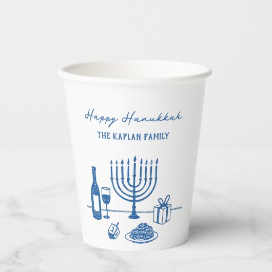 Whimsische handgezeichnete Hanukkah-Party-Trend in Pappbecher (Vorderseite)