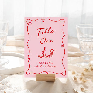 Whimsische handgezeichnete Hochzeit in Rosa und Ro Tischnummer