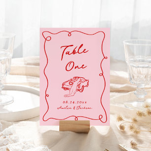 Whimsische handgezeichnete Hochzeit in Rosa und Ro Tischnummer
