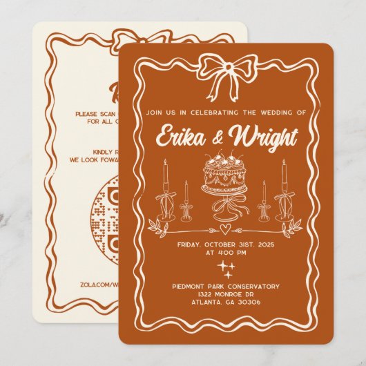 Whimsische handgezeichnete Hochzeitseinladung mit Einladung (Vorne/Hinten)