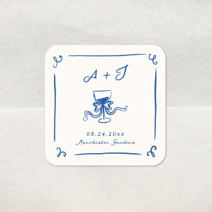 Whimsische handgezeichnete navyblaue Hochzeits-Sch Quadratischer Aufkleber