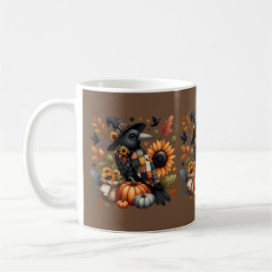 Whimsische Krähe mit Kürbissen und Sonnenblumen Kaffeetasse