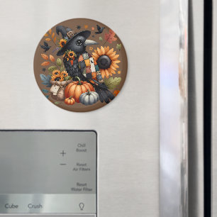 Whimsische Krähe mit Kürbissen und Sonnenblumen Magnet