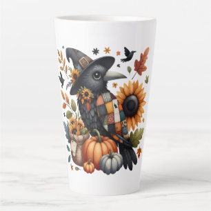 Whimsische Krähe mit Kürbissen und Sonnenblumen Milchtasse