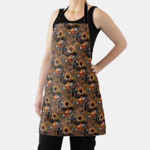 Whimsische Krähe mit Kürbissen und Sonnenblumen Schürze