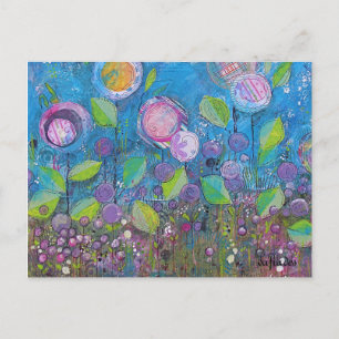 Whimsische Kunst, leuchtende Blumen in einem wunde Postkarte