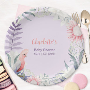 Whimsische Lavendel-Blumen-Vogel-Baby-Party Pappteller