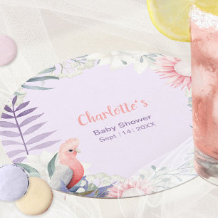 Whimsische Lavendel-Blumen-Vogel-Baby-Party Runder Pappuntersetzer