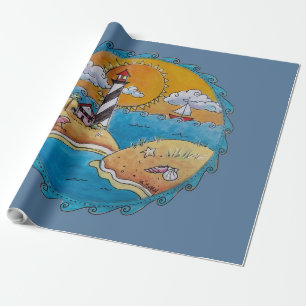 Whimsische Leuchtturm-Strandszene - Küsten-Folk-Ar Geschenkpapier