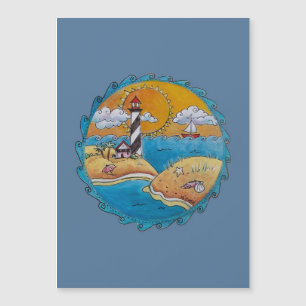 Whimsische Leuchtturm-Strandszene - Küsten-Folk-Ar Magnetkarte