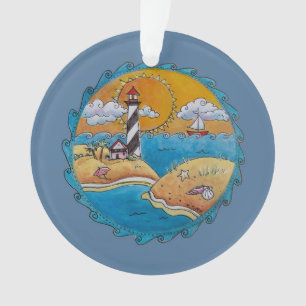 Whimsische Leuchtturm-Strandszene - Küsten-Folk-Ar Ornament