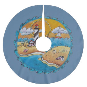 Whimsische Leuchtturm-Strandszene - Küsten-Folk-Ar Polyester Weihnachtsbaumdecke