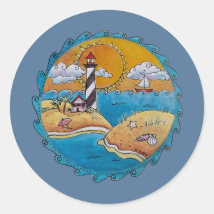 Whimsische Leuchtturm-Strandszene - Küsten-Folk-Ar Runder Aufkleber