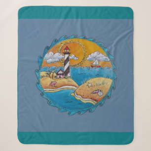 Whimsische Leuchtturm-Strandszene - Küsten-Folk-Ar Sherpadecke