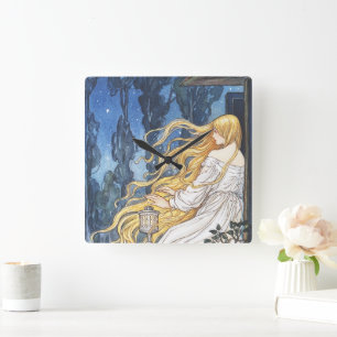 Whimsische Märchen Vintage Rapunzel Art Nouveau Quadratische Wanduhr