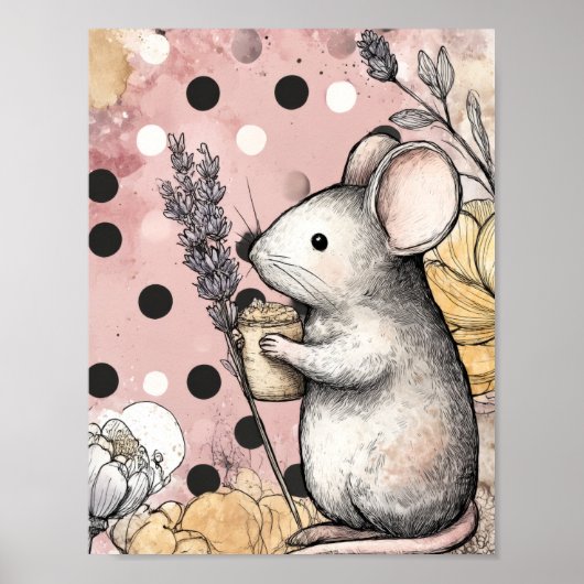 Whimsische Mause-Blumen-Aquarell-Kunst Poster (Vorne)