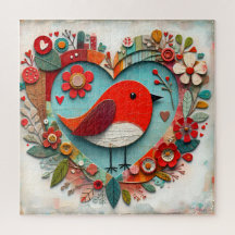 Whimsische Mixed-Media Red Robin Bird Heart