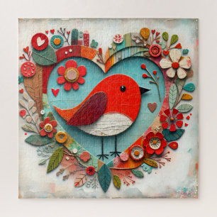 Whimsische Mixed-Media Red Robin Bird Heart Puzzle
