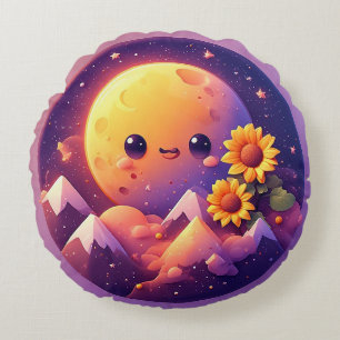 Whimsische Mondszene umgeben von Sonnenblumen Rundes Kissen