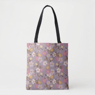 Whimsische nachlaufende Blumen und Vögel - Lavende Tasche