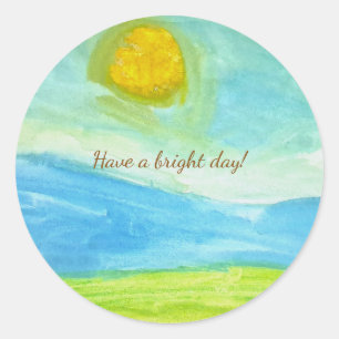 Whimsische Naive Kunst Sonnenlandschaft Runder Aufkleber