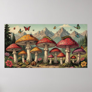 Whimsische Pilze und Berggipfel Poster