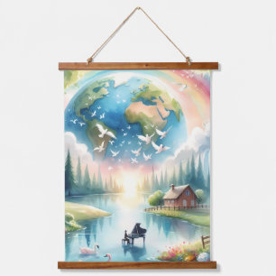 Whimsische Regenbogen-Erde-Fantasie-Szene Wandteppich Mit Holzrahmen