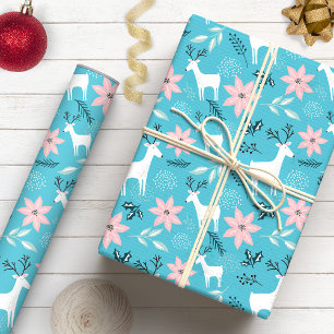 Whimsische Rentiere & Poinsettien-Blumen-Weihnacht Geschenkpapier
