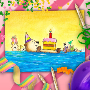 Whimsische Retro-Cartoon-Seaotter-Sonnenuntergangs Postkarte