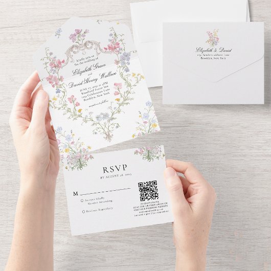 Whimsische Rococo-Blumen-Wappen-Hochzeits-QR-Code- All In One Einladung