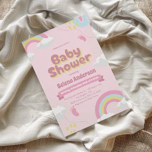 Whimsische rosa Babyparty-Einladung mit Regenbogen Einladung