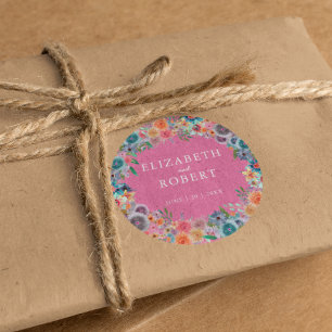 Whimsische rosa Boho-Wildblumen Aquarell-Hochzeit Runder Aufkleber