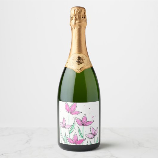 Whimsische rosa Wasserfarben-Blumen Schaumweinetikett (Vorderseite)