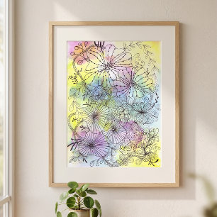 Whimsische schwarze Florallinienkunst Pastell-Wass Poster
