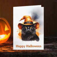 Whimsische schwarze Katze orange Hexenhut Hallowee