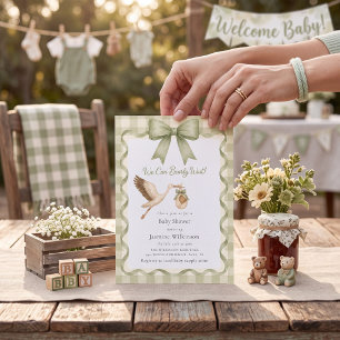 Whimsische-Storch-Baby-Party Grün kariert Einladung
