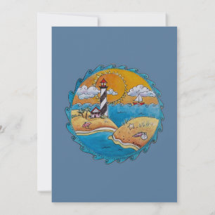 Whimsische Strandszene mit Leuchtturm, Küsten-Folk Einladung