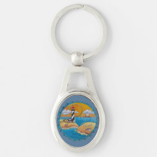 Whimsische Strandszene mit Leuchtturm, Küsten-Folk Schlüsselanhänger