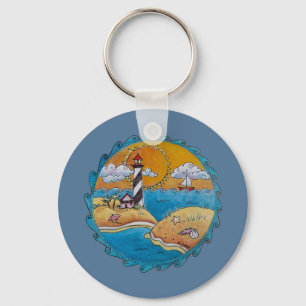 Whimsische Strandszene mit Leuchtturm, Küsten-Folk Schlüsselanhänger