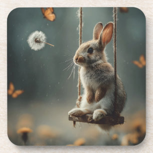 Whimsische Szene eines süßen Babykaninchens auf ei Getränkeuntersetzer
