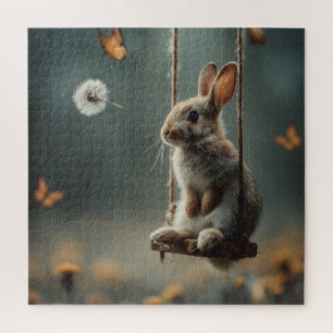 Whimsische Szene eines süßen Babykaninchens auf ei Puzzle