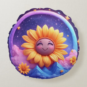 Whimsische Szene umgeben von Sonnenblumen Rundes Kissen