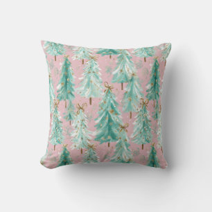 Whimsische Teal-Weihnachtsbäume auf Rosa Kissen