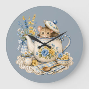 Whimsische Teekannen-Maus Cottagecore-Blüten Große Wanduhr