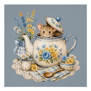 Whimsische Teekannen-Maus Cottagecore-Blüten Poster