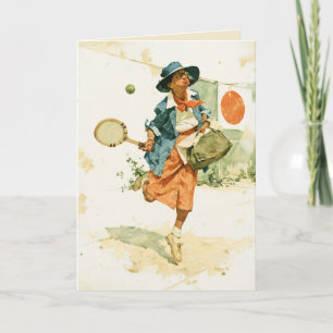 Whimsische Vintage-Tennis-Lady Karte